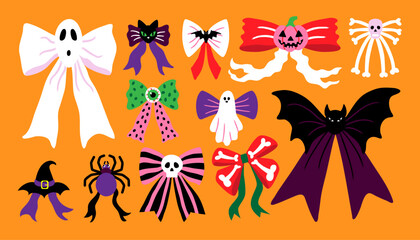 Naklejka premium A set of various vector bow ties in a kawaii style for Halloween. Ribbons with bats, pumpkins, and ghosts are perfect for the holiday. A set of elements for stickers, decorations, or toppings
