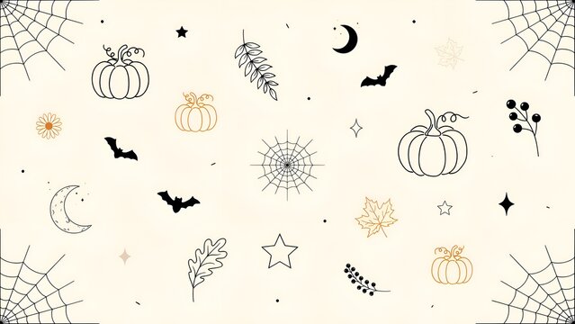 Halloween themed floral ornament with pumpkins bats and spiderwebs in line style