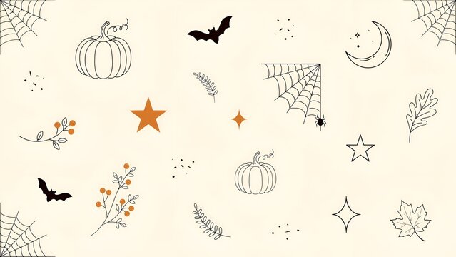 Autumnal Floral Ornament With Pumpkins Bats And Stars On A Creamy Background