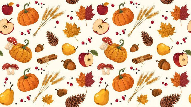Autumn harvest pattern featuring pumpkins apples leaves and acorns in a repeating design