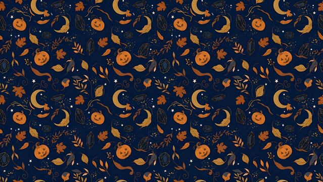 Halloween floral ornament with pumpkins crescent moons and crystals on a dark background