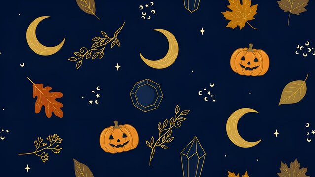 Autumnal Pattern With Crescent Moons Jack o lanterns Leaves And Crystalline Shapes