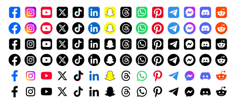 Complete collection of social media vector icons, including color and black logos of social networking platforms facebook, instagram, youtube, x, tiktok, linkedin,...