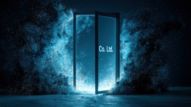 A surreal open door labeled "Co. Ltd." reveals a glowing blue cosmic scene, symbolizing opportunity, innovation, and exploration beyond boundaries.
