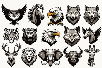 Obraz premium Large set of stylized animal head icons including predators, birds, and mammals designed for logos, mascots, or emblems.