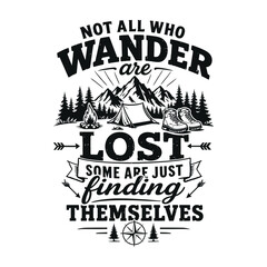 Fototapeta premium Inspirational hiking quote with camping scene and hiking boots illustration