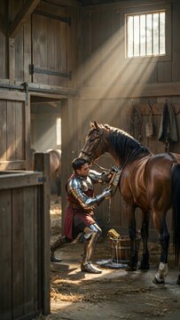 Medieval Knight Grooming Horse Inside Rustic Stable with Sunlight Beams