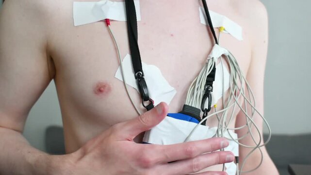 Male torso with holter monitor electrodes and recorder attached.