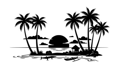 Tropical island silhouette landscape with palm trees sunset beach ocean hut and peaceful paradise scenery © Boloram