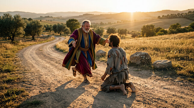 The Prodigal Son returning home, embraced by his forgiving father on a dirt path. Biblical story of redemption and grace