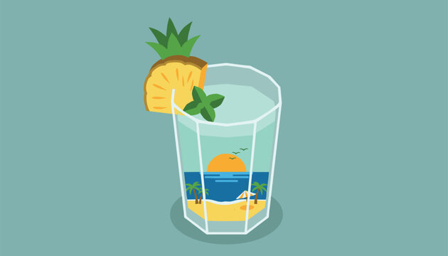 Tropical summer cocktail glass reveals a miniature beach sunset scene with palm trees, sand, and a slice of pineapple.