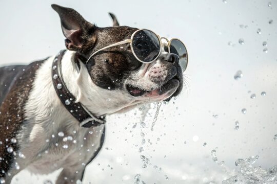 Cool Boston Terrier With Sunglasses Shaking off Water at the Sunny Beach