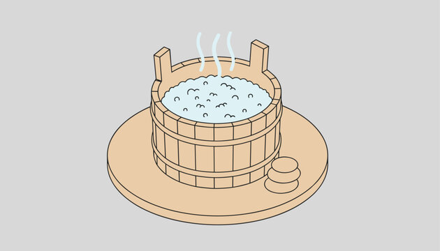 Traditional wooden hot tub filled with steaming bubbling water sits on a round wooden platform next to spa stones.