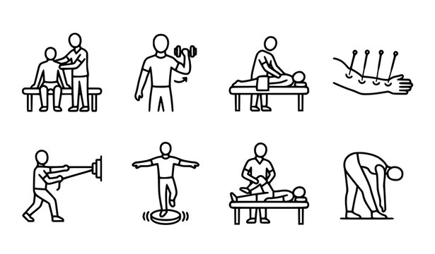 Physical therapy and rehabilitation outline icon set with stretching massage exercise and recovery activities