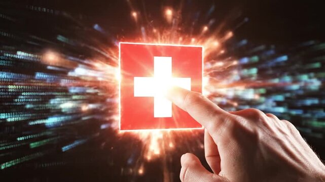 Hand touching digital Swiss flag icon over binary data background