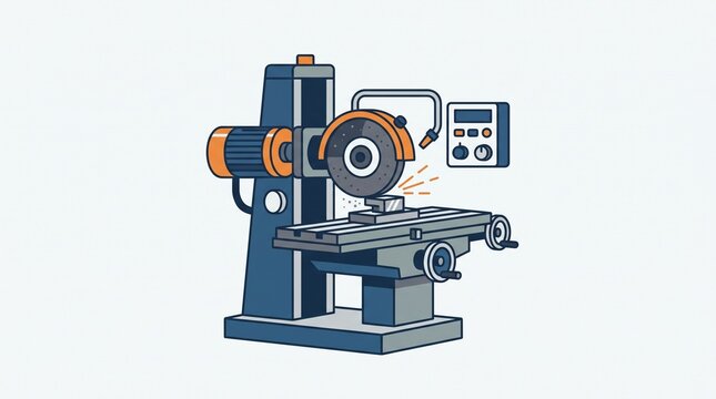 *Industrial surface grinding machine with spinning wheel and control panel. Used for precision metal shaping and finishing in workshops.*
