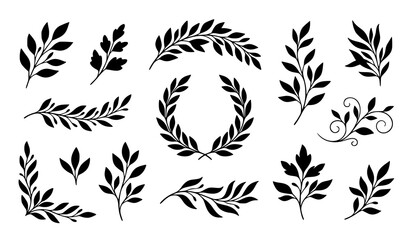 Elegant botanical leaf wreath and branch silhouette collection with decorative floral foliage elements vector © Boloram