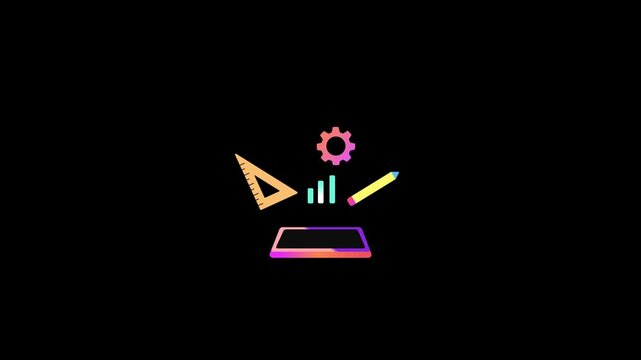 Minimalist Graphic Design Tablet Animation, Creative Project and Digital Art Tools, Workspace Customization Icon Loop on Black Background