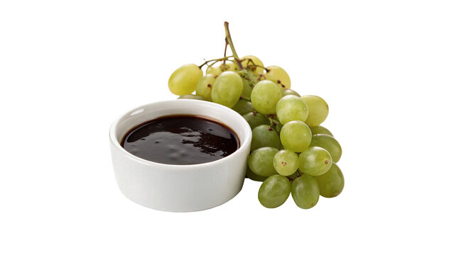 White ceramic bowl filled with sweet dark berry jam grapes isolated on transparent background