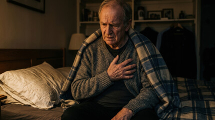 Fototapeta premium Elderly Man Experiencing Chest Pain And Discomfort While Wrapped In A Blanket