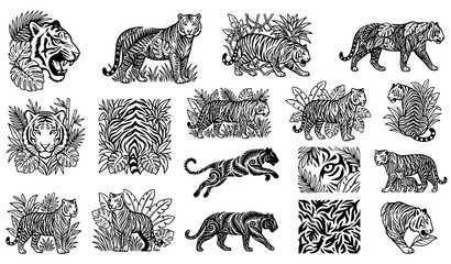 Hand Drawn Tiger Collection with Faces, Full Body Poses and Jungle Elements Vintage Wildlife Illustration © MstNadiya