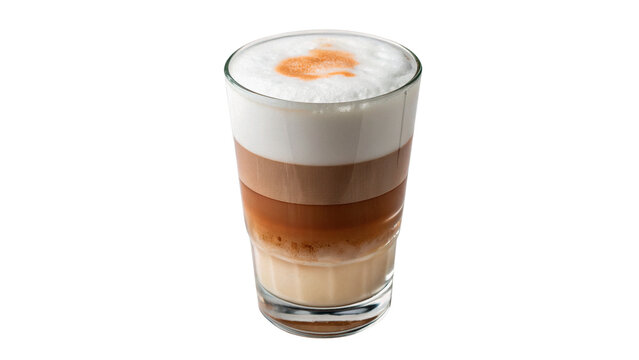 Glass cup of hot cappuccino latte coffee with layered milk isolated on transparent background