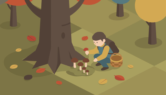 Young boy foraging for wild mushrooms near a large tree trunk in an autumn forest holding a brown basket.