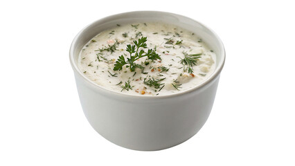 White ceramic bowl filled with traditional creamy tzatziki sauce herb isolated on transparent background © Hanna