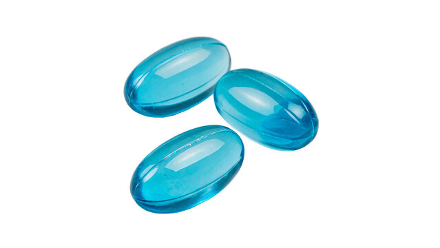 Three translucent blue oval medicine capsules pills health pharmacy supplement isolated on transparent background