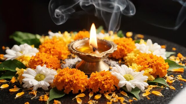 Burning brass diya oil lamp surrounded by marigold and chrysanthemum flowers with drifting smoke on a dark background