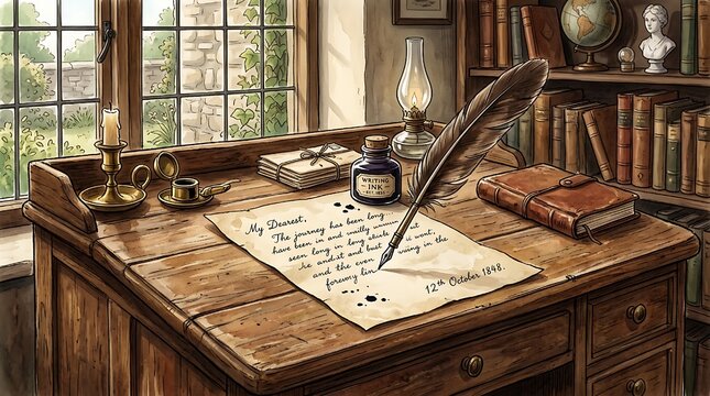 Illustration of a vintage writing desk with a feather quill and an ink bottle on paper