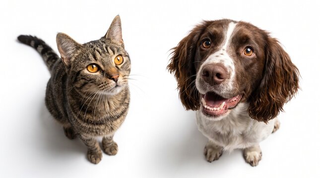 Tabby cat and brown and white springer spaniel dog sitting together on white background looking up at camera