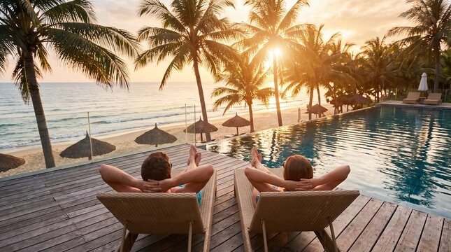 Couple Relaxing on Sun Loungers by Infinity Pool at Luxury Tropical Resort During Sunset