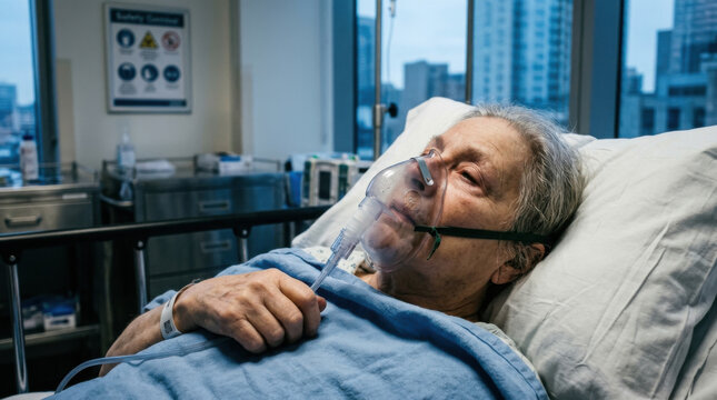 Elderly Patient Receives Oxygen Support In Hospital Bed
