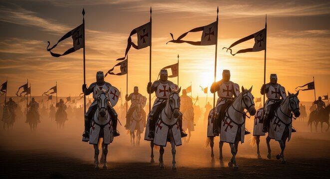 Epic Medieval Knights Templar on Horseback Riding into Battle at Sunset with Flags and Armor