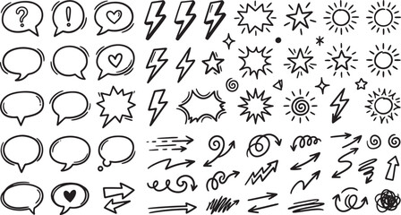 Obraz premium Hand drawn doodle set with speech bubbles arrows lightning bolts and sun icons for creative design projects