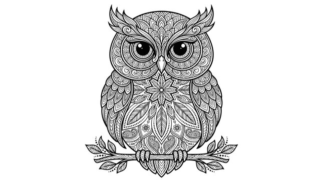 Mandala owl illustration. Intricate black and white line art of a stylized bird.