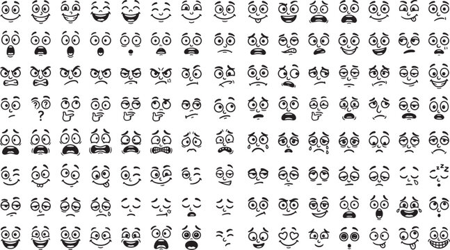 Collection of cartoon character facial expressions with various emotions and moods in a black and white vector