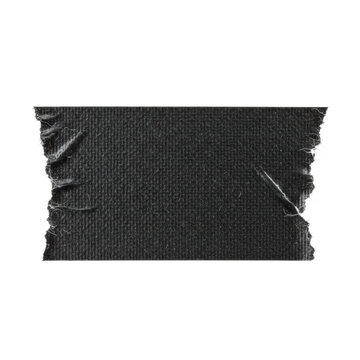 Single strip of black gaffer tape with dense fabric weave and rough torn edges featuring frayed adhesive fibers against a clinical white background, industrial vibe