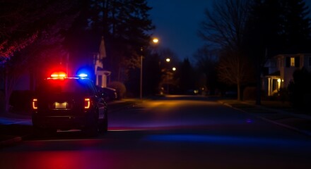 Obraz premium Police patrol vehicle with flashing blue and red lights parked on a suburban street at night
