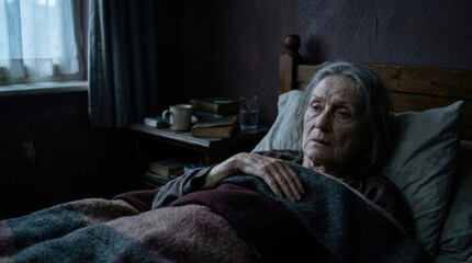 Fototapeta premium Elderly Woman Lying In Bed Feeling Ill With Somber Mood In A Dark Room