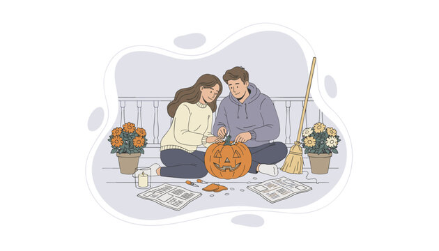 Happy young couple carving a jack-o-lantern pumpkin together on the porch for Halloween
