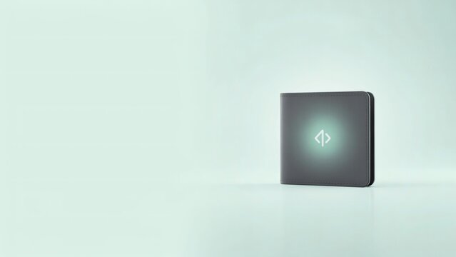 A 3D rendered image of a sleek, modern, small, cube-shaped device with a glowing blue light on a plain background.