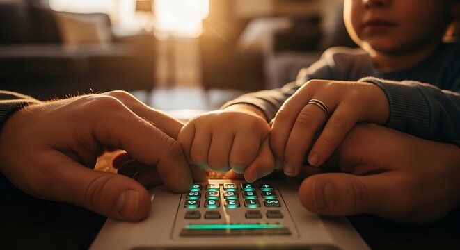 Parent and child hands interlocking, learning together on a keyboard