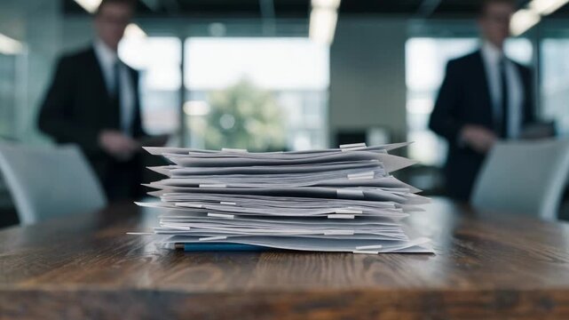 Medium shot of a stack of trade confirmations on an office desk sharply focused in the foreground with blurred background elements.