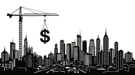 Fototapeta premium Industrial tower crane lifting a large black dollar sign above the urban city skyline illustration