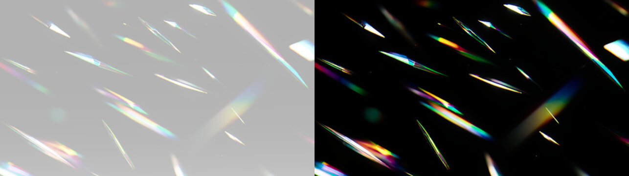 Holographic glass reflections with colorful prism light streaks realistic optical rainbow overlay texture effect