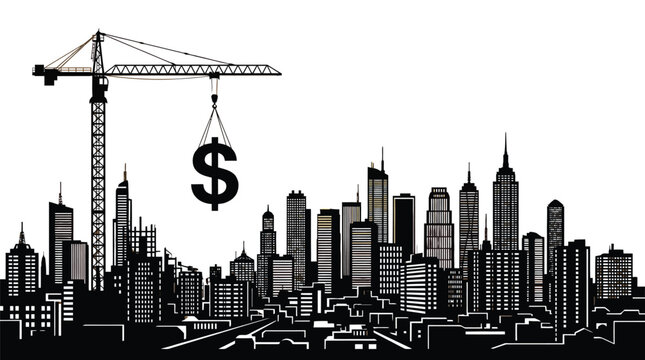 Industrial tower crane lifting a large black dollar sign above the urban city skyline illustration