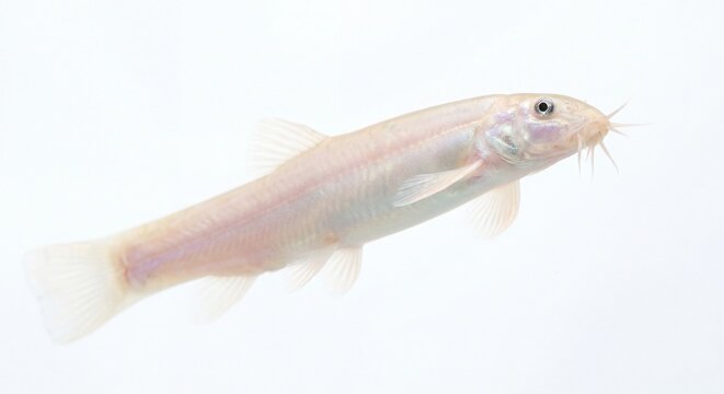 A close-up side profile of a pale albino loach fish swimming gracefully against a white background.