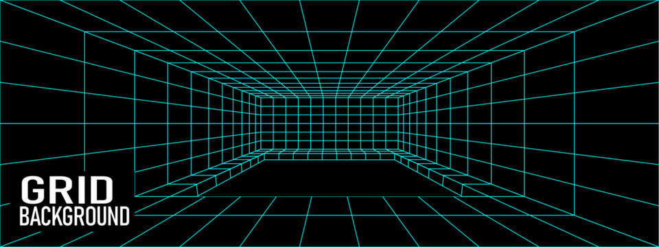 Grid line space and perspective box 3d with square background wireframe. Room empty tunnel and graphic vr future with building dimension depth. Cube perspective box and digital grid portal.